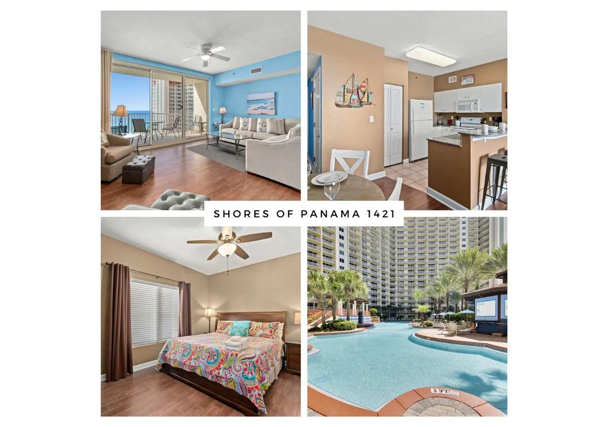 The image showcases a bright, airy condo living space with floor-to-ceiling windows opening onto a private balcony with sweeping Gulf and lagoon views. The scene features a modern kitchen with stainless appliances, inviting coastal-inspired furnishings, and glimpses of a colorful master bedroom. The panoramic views and sunlight fill the space, while the balcony overlooks the resort's sparkling pool and tiki bars.