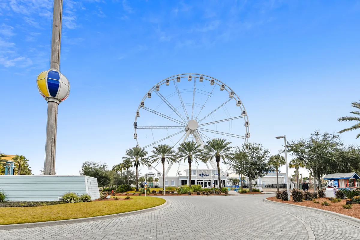 A towering Ferris wheel (SkyWheel) rises above a palm-lined pathway, capturing the excitement of local attractions. The area is open, inviting, and clearly designed for leisure and fun, with hints of nearby entertainment and recreation.